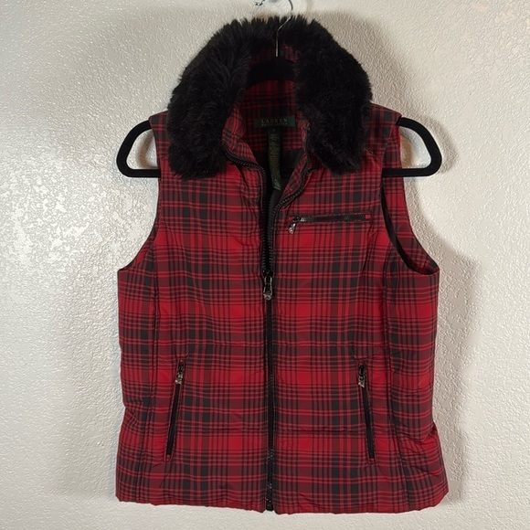 Lauren Ralph Lauren Red Plaid Faux Fur Collar Zip Puffer Vest Size Small NWOT - Picture 1 of 7